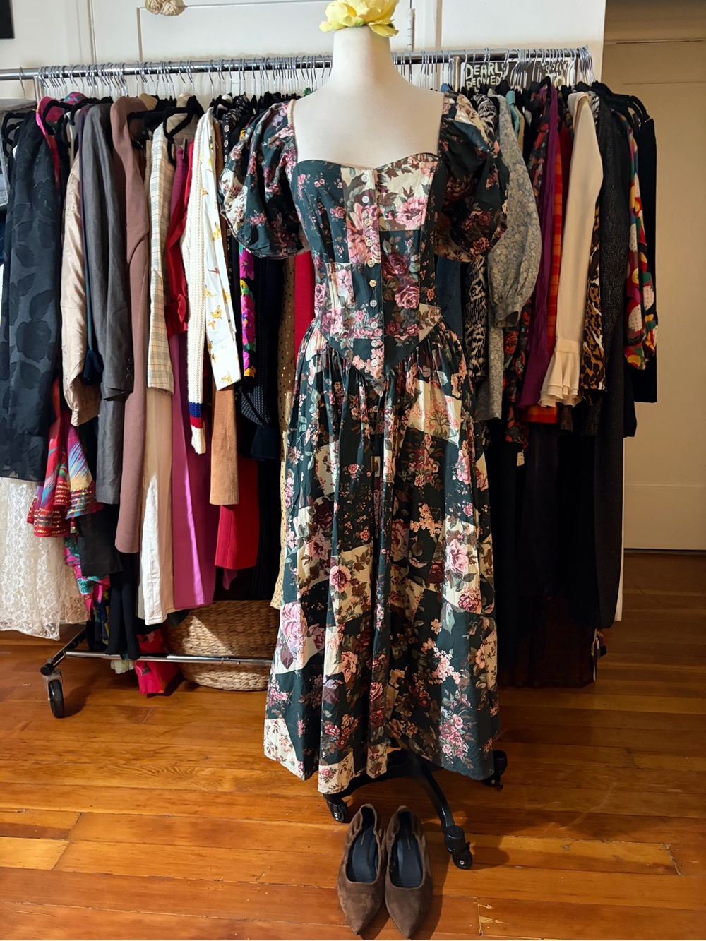 VTG 90s Spiegel Patchwork Floral Cotton Maxi Dress Puff Sleeve Cottagecore